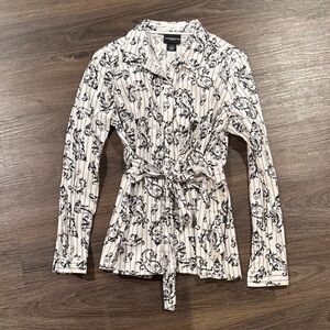 Liz Claiborne Floral Damask Patterned Button Down Shirt with Waist Tie